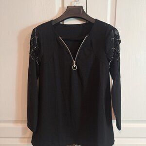 NEW Women's Black Long Sleeve Shirt with Rhinestones and Shoulder Design